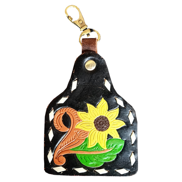 LC-ADKRX123 Hand-Tooled Leather Keyring Sunflower & Scroll Design on Black Leather with White Lacing