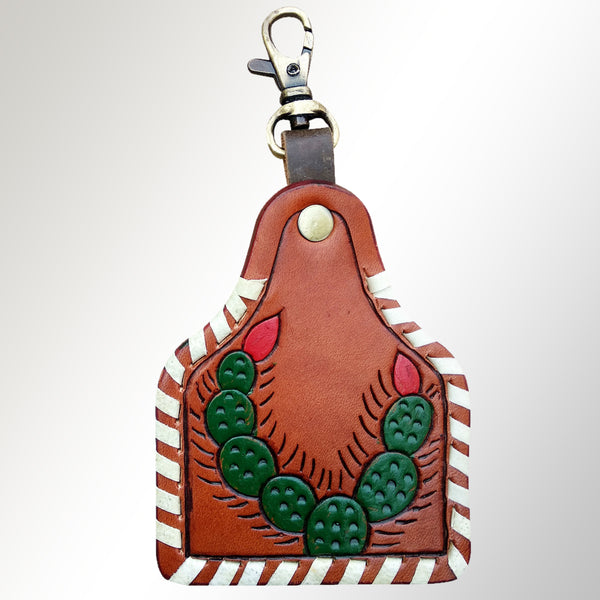 LC-ADKRX125 Hand-Tooled Leather Keyring Curved Cactus with Red Blossoms & White Laced Border