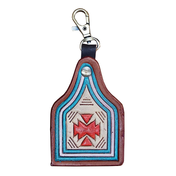 LC-ADKRX130 Hand-Tooled Leather keyring Southwest Geometric Pattern in Red, Blue & Lavender
