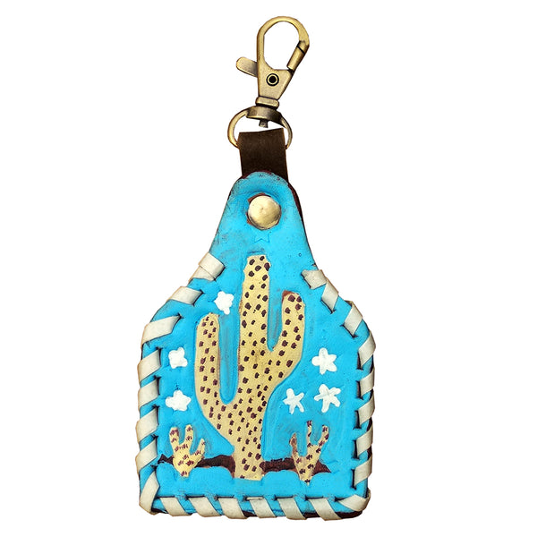 LC-ADKRX131 Hand-Tooled Leather Keyring Yellow Cactus & Stars on Turquoise with White Lacing