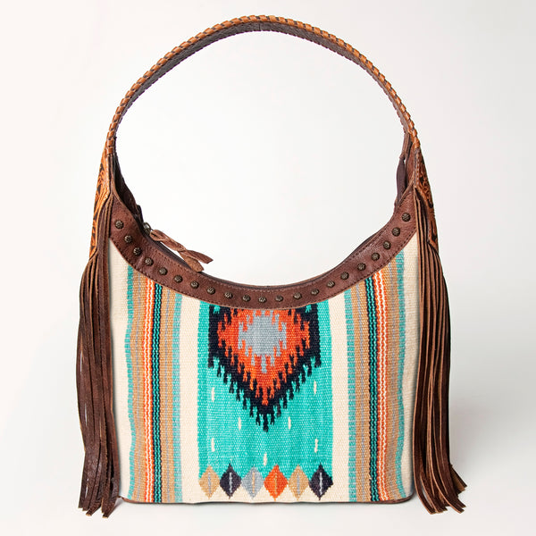 ADBG803 American Darling Hand Tooled Leather Hobo Bag with Hand Woven Saddle Blanket and Fringes