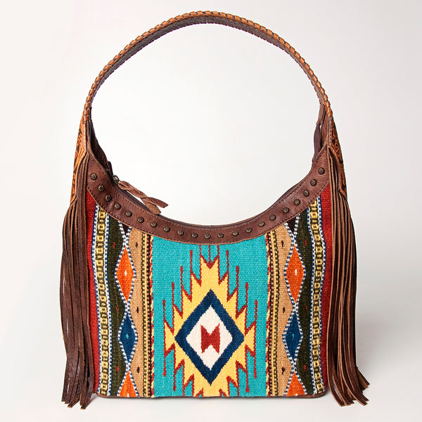ADBG803 American Darling Hand Tooled Leather Hobo Bag with Hand Woven Saddle Blanket and Fringes