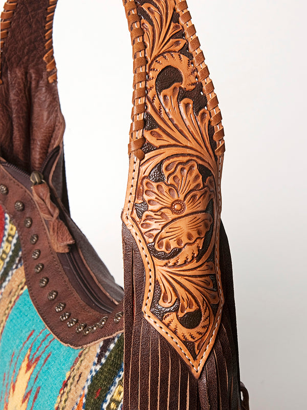 ADBG803 American Darling Hand Tooled Leather Hobo Bag with Hand Woven Saddle Blanket and Fringes