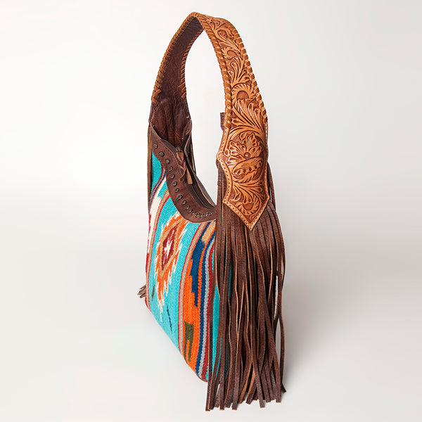 ADBG803 American Darling Hand Tooled Leather Hobo Bag with Hand Woven Saddle Blanket and Fringes