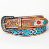 LC-ADBLF144 Southwestern Beaded Leather Belt - Turquoise Thunderbird & Floral Tooled Design