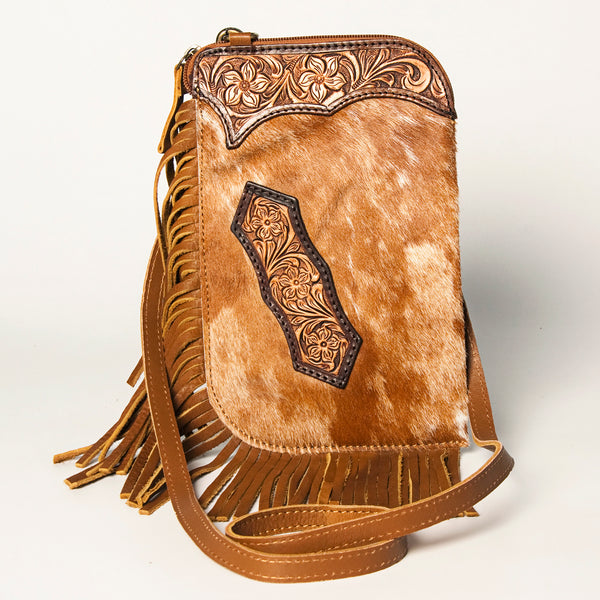 ADBGA249 Floral Tooled Leather Cowhide Fringe Crossbody Western Chaps Bag
