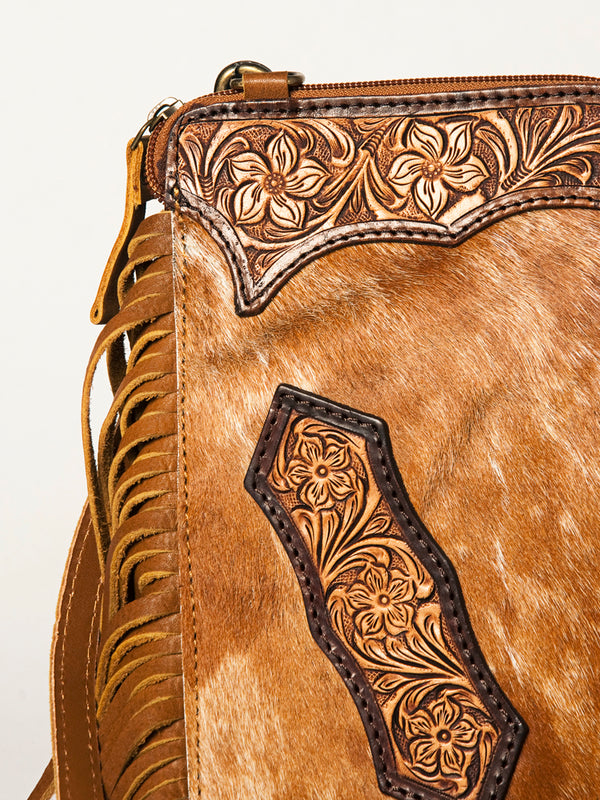 ADBGA249 Floral Tooled Leather Cowhide Fringe Crossbody Western Chaps Bag