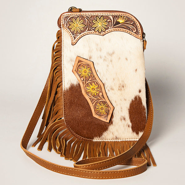 ADBGA249 Floral Tooled Leather Cowhide Fringe Crossbody Western Chaps Bag