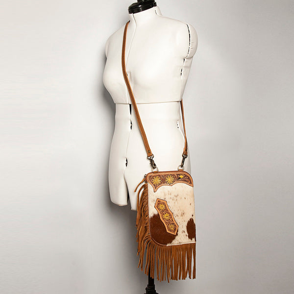ADBGA249 Floral Tooled Leather Cowhide Fringe Crossbody Western Chaps Bag