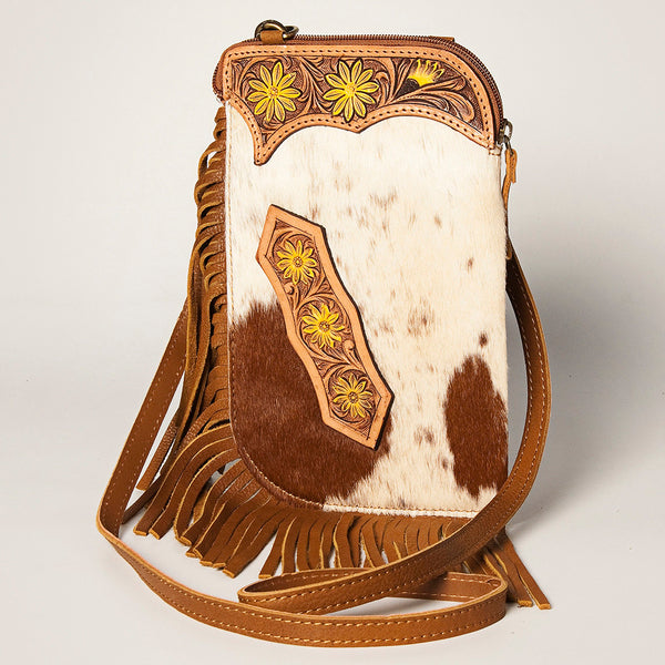 ADBGA249 Floral Tooled Leather Cowhide Fringe Crossbody Western Chaps Bag