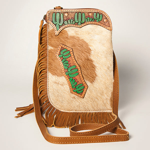 ADBGA249 Floral Tooled Leather Cowhide Fringe Crossbody Western Chaps Bag