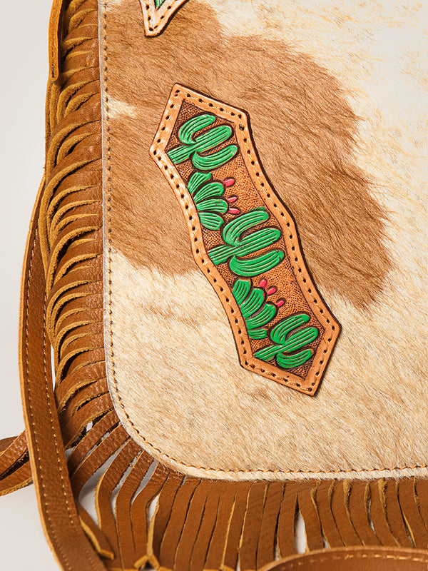 ADBGA249 Floral Tooled Leather Cowhide Fringe Crossbody Western Chaps Bag