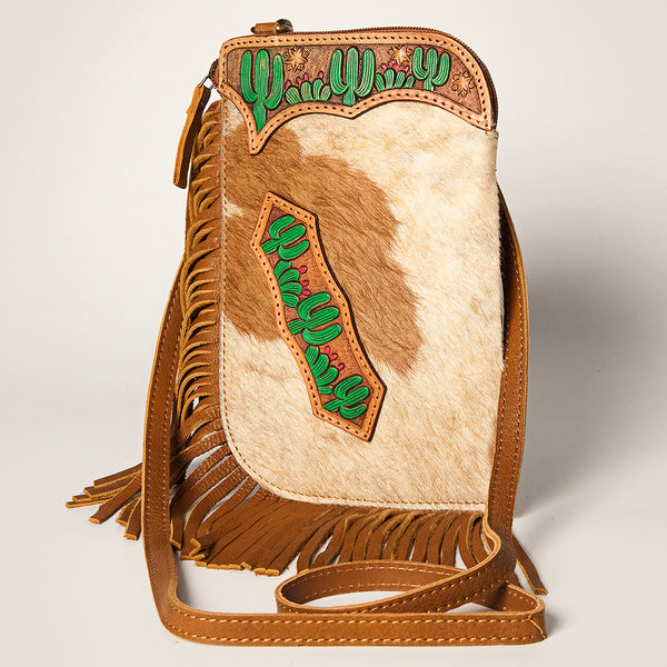 ADBGA249 Floral Tooled Leather Cowhide Fringe Crossbody Western Chaps Bag