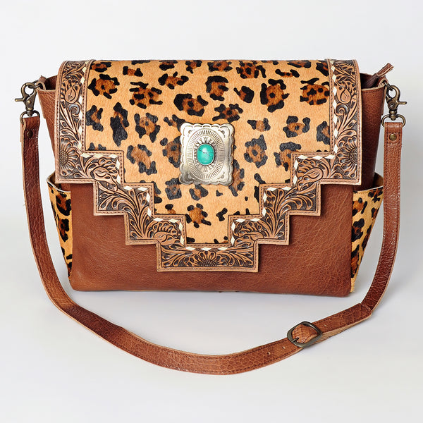 ADBG842 American Darling Western Messenger Bag - Hand Tooled Floral Leather & Hair-On Cowhide