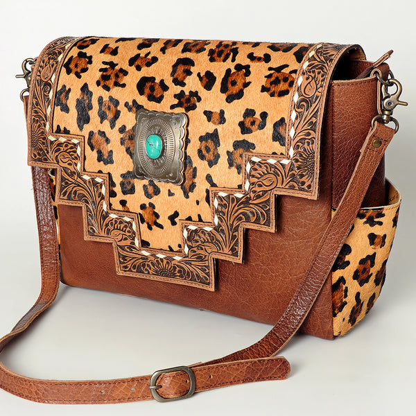 ADBG842 American Darling Western Messenger Bag - Hand Tooled Floral Leather & Hair-On Cowhide