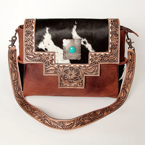 ADBG842 American Darling Western Messenger Bag - Hand Tooled Floral Leather & Hair-On Cowhide
