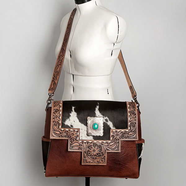 ADBG842 American Darling Western Messenger Bag - Hand Tooled Floral Leather & Hair-On Cowhide