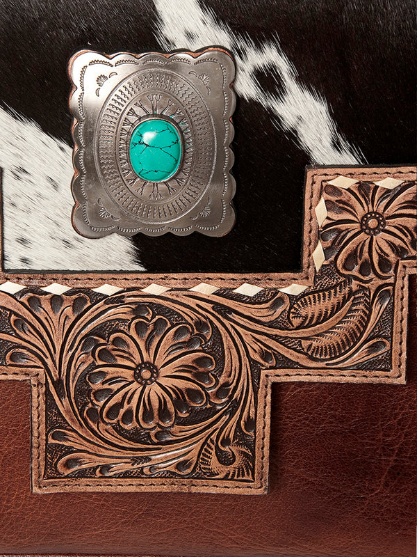 ADBG842 American Darling Western Messenger Bag - Hand Tooled Floral Leather & Hair-On Cowhide