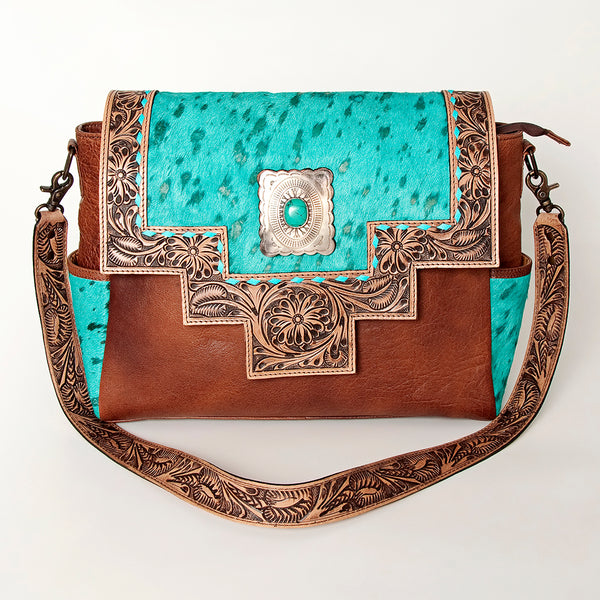 ADBG842 American Darling Western Messenger Bag - Hand Tooled Floral Leather & Hair-On Cowhide