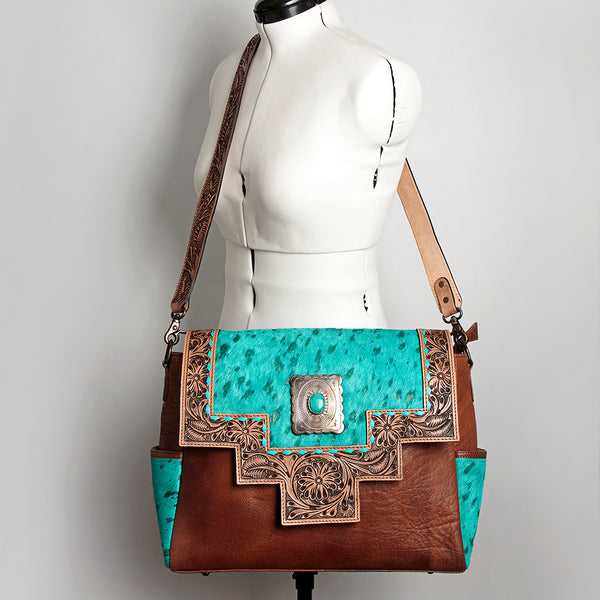 ADBG842 American Darling Western Messenger Bag - Hand Tooled Floral Leather & Hair-On Cowhide