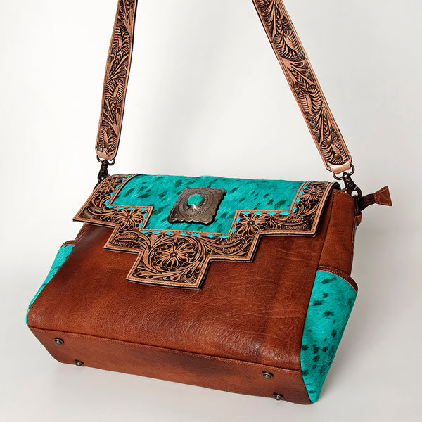 ADBG842 American Darling Western Messenger Bag - Hand Tooled Floral Leather & Hair-On Cowhide