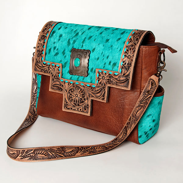 ADBG842 American Darling Western Messenger Bag - Hand Tooled Floral Leather & Hair-On Cowhide