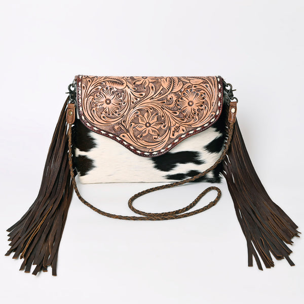 ADBG843 American Darling Hand Tooled Floral Leather & Hair-On Cowhide Cross body Bag with Fringes