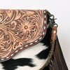 ADBG843 American Darling Hand Tooled Floral Leather & Hair-On Cowhide Cross body Bag with Fringes