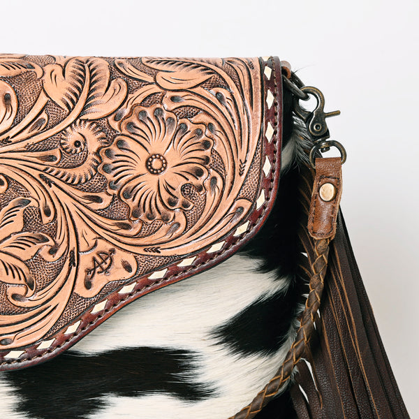 ADBG843 American Darling Hand Tooled Floral Leather & Hair-On Cowhide Cross body Bag with Fringes