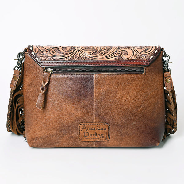 ADBG843 American Darling Hand Tooled Floral Leather & Hair-On Cowhide Cross body Bag with Fringes