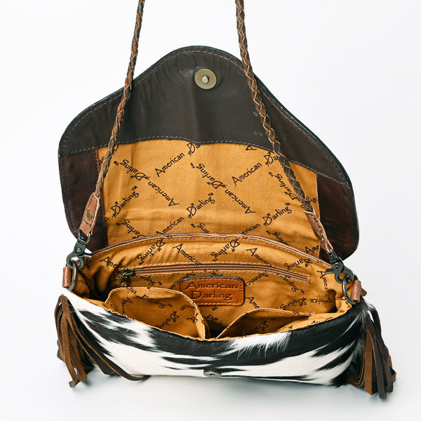 ADBG843 American Darling Hand Tooled Floral Leather & Hair-On Cowhide Cross body Bag with Fringes