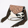 ADBG843 American Darling Hand Tooled Floral Leather & Hair-On Cowhide Cross body Bag with Fringes