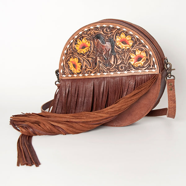 ADBG846 American Darling Hand Tooled Floral Leather Canteen Bag with Fringes