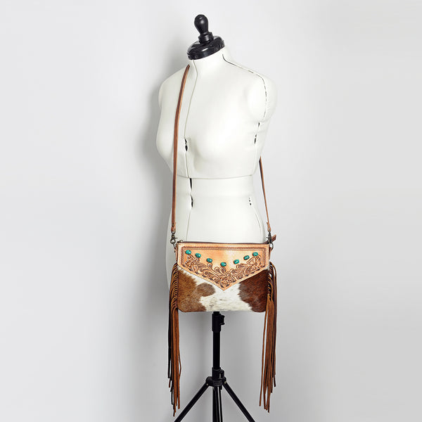 ADBG847 American Darling Western Tooled Leather & Cowhide Crossbody Bag - Turquoise Inlay & Long Fringe Purse
