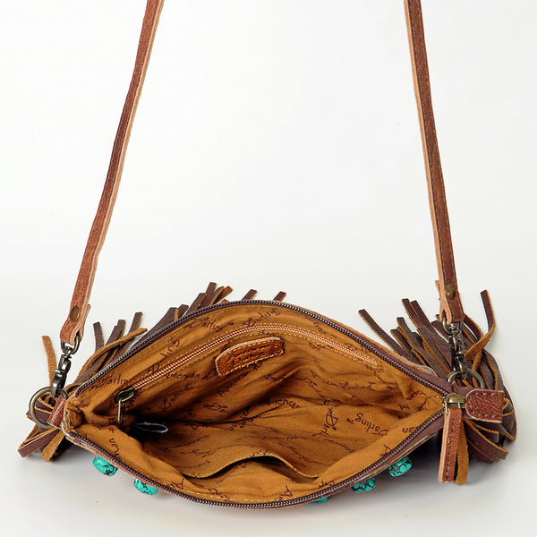 ADBG847 American Darling Western Tooled Leather & Cowhide Crossbody Bag - Turquoise Inlay & Long Fringe Purse