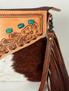 ADBG847 American Darling Western Tooled Leather & Cowhide Crossbody Bag - Turquoise Inlay & Long Fringe Purse