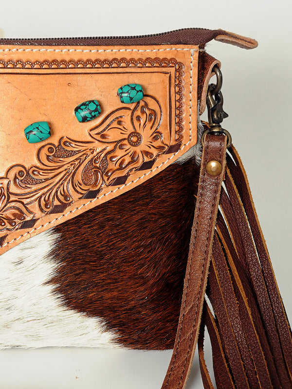 ADBG847 American Darling Western Tooled Leather & Cowhide Crossbody Bag - Turquoise Inlay & Long Fringe Purse