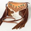 ADBG847 American Darling Western Tooled Leather & Cowhide Crossbody Bag - Turquoise Inlay & Long Fringe Purse