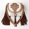 ADBG851 American Darling Hand Tooled Floral Leather & Hair-On Cowhide Messenger Bag with Fringes