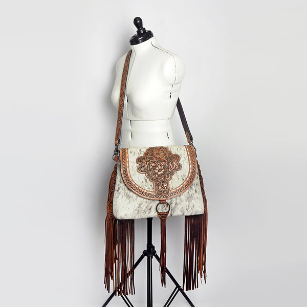 ADBG851 American Darling Hand Tooled Floral Leather & Hair-On Cowhide Messenger Bag with Fringes