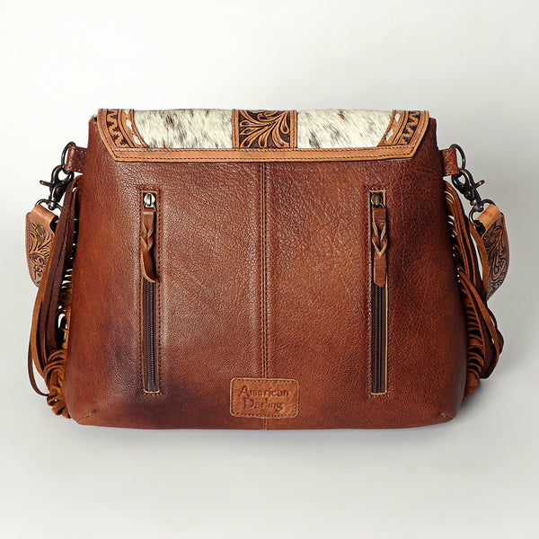 ADBG851 American Darling Hand Tooled Floral Leather & Hair-On Cowhide Messenger Bag with Fringes