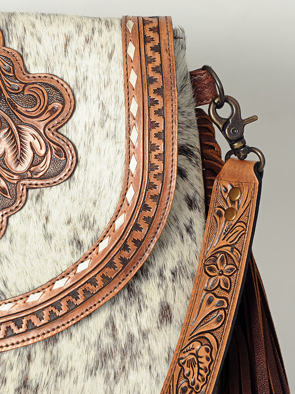 ADBG851 American Darling Hand Tooled Floral Leather & Hair-On Cowhide Messenger Bag with Fringes