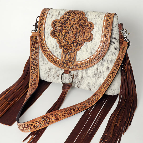 ADBG851 American Darling Hand Tooled Floral Leather & Hair-On Cowhide Messenger Bag with Fringes