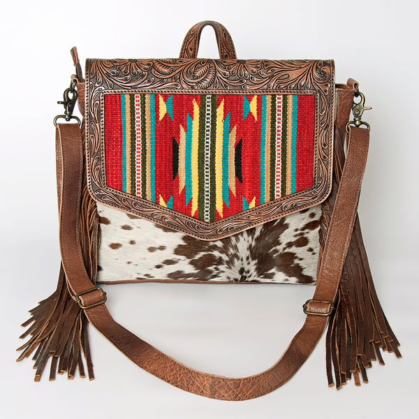 ADBG852 American Darling Hand Tooled Floral Leather & Saddle Blanket Messenger Bag with Fringes