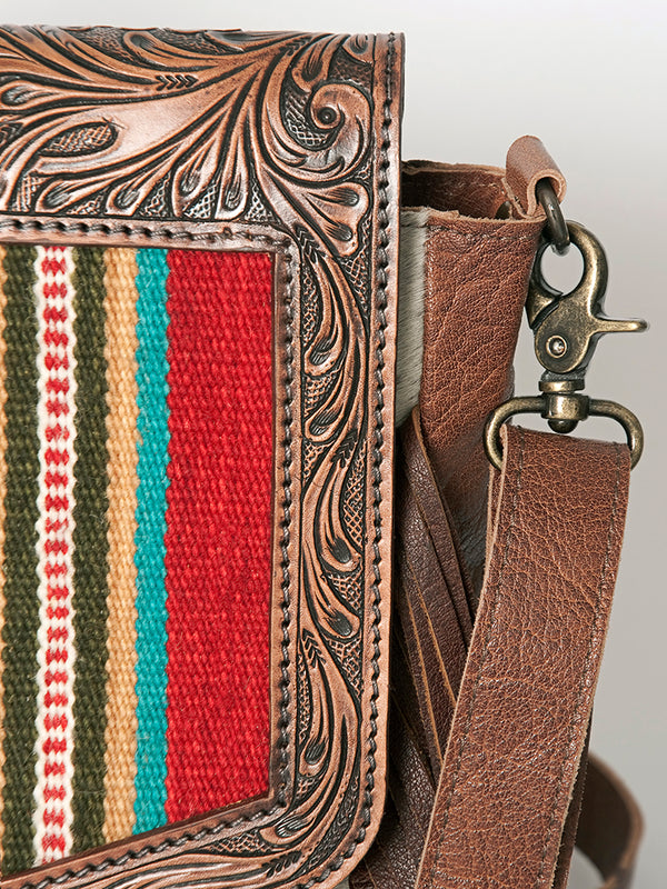 ADBG852 American Darling Hand Tooled Floral Leather & Saddle Blanket Messenger Bag with Fringes