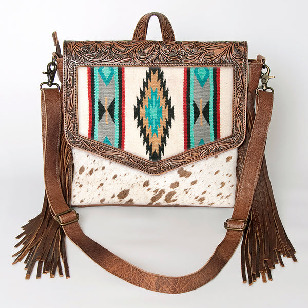 ADBG852 American Darling Hand Tooled Floral Leather & Saddle Blanket Messenger Bag with Fringes