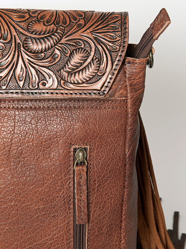 ADBG852 American Darling Hand Tooled Floral Leather & Saddle Blanket Messenger Bag with Fringes