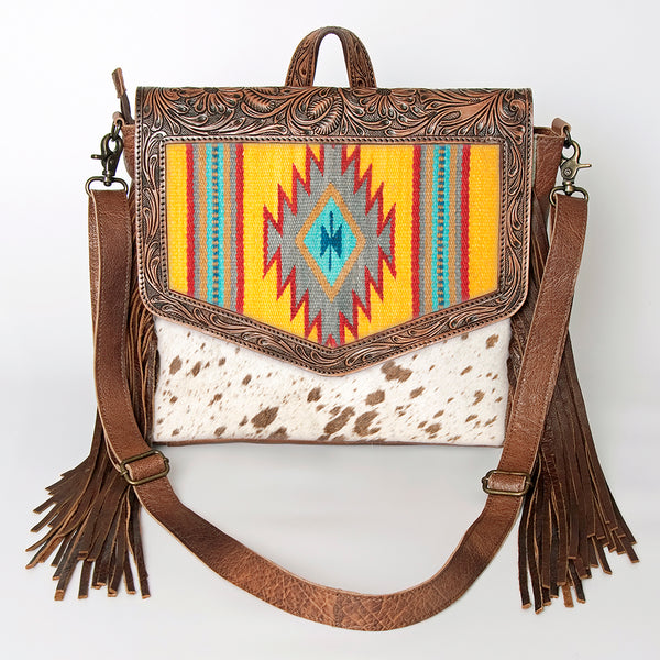 ADBG852 American Darling Hand Tooled Floral Leather & Saddle Blanket Messenger Bag with Fringes