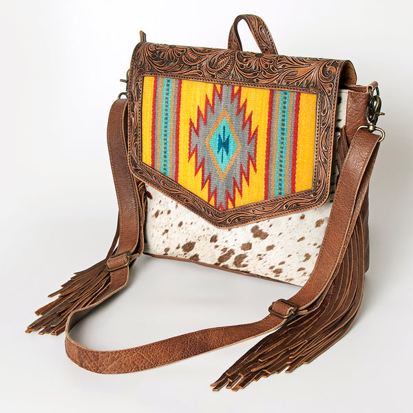 ADBG852 American Darling Hand Tooled Floral Leather & Saddle Blanket Messenger Bag with Fringes