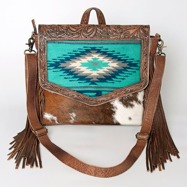 ADBG852 American Darling Hand Tooled Floral Leather & Saddle Blanket Messenger Bag with Fringes